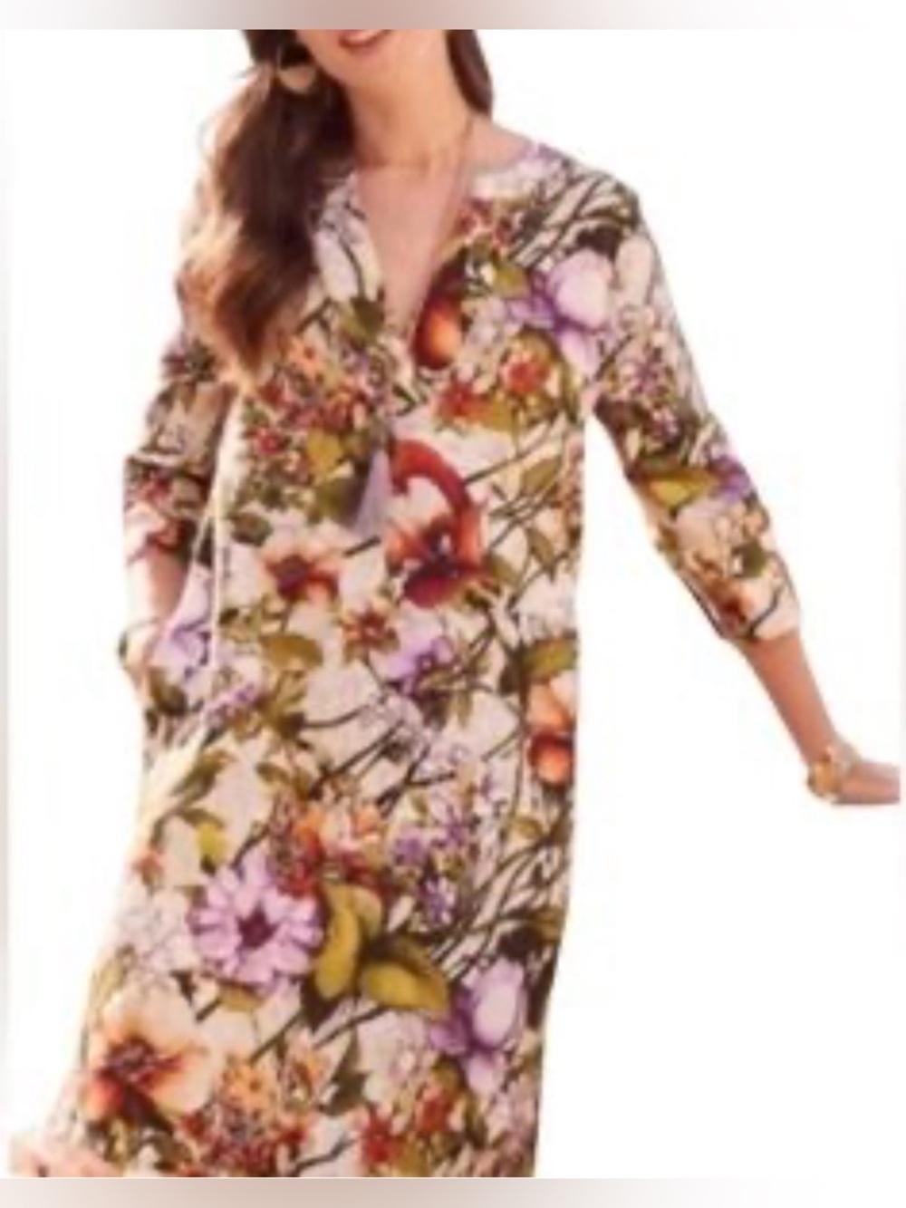 Chico's Size 2 (12/14) Dress 100% Linen 3/4 Sleeve V Neck Pockets Shift Floral